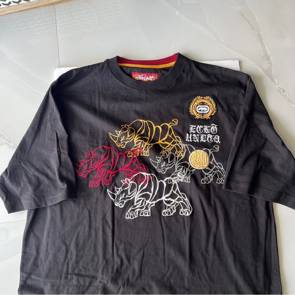Vtg Y2K Ecko Unlimted T Shirt Size 2XL Black Embroidered Rhino Hip Hop Street